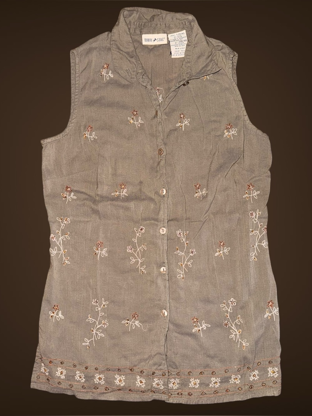 Vintage Y2K Small White Stag Moss Green Embroidered & Beaded Sleeveless Top